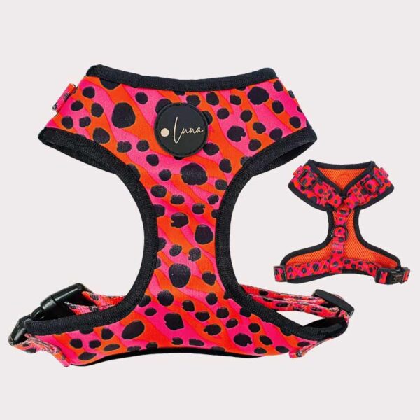 Adjustable harness, animal print, pink, orange, blqack polka dots, the wild one