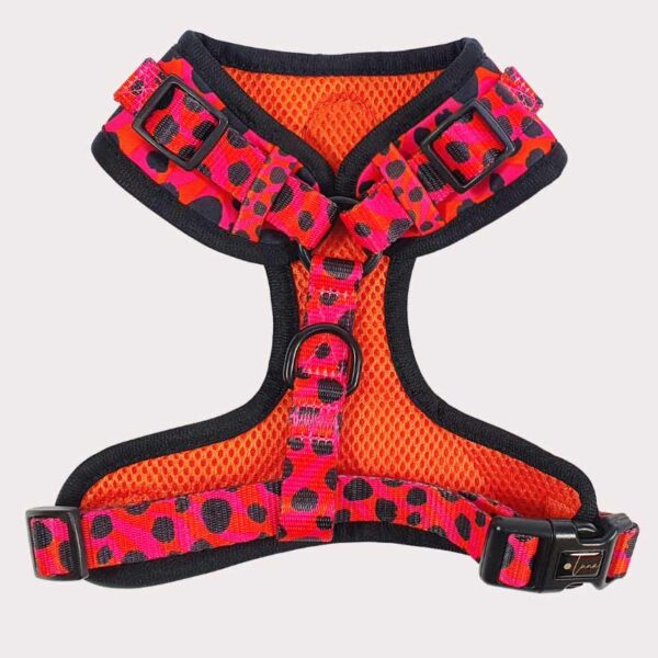 Adjustable harness, animal print, pink, orange, blqack polka dots, the wild one