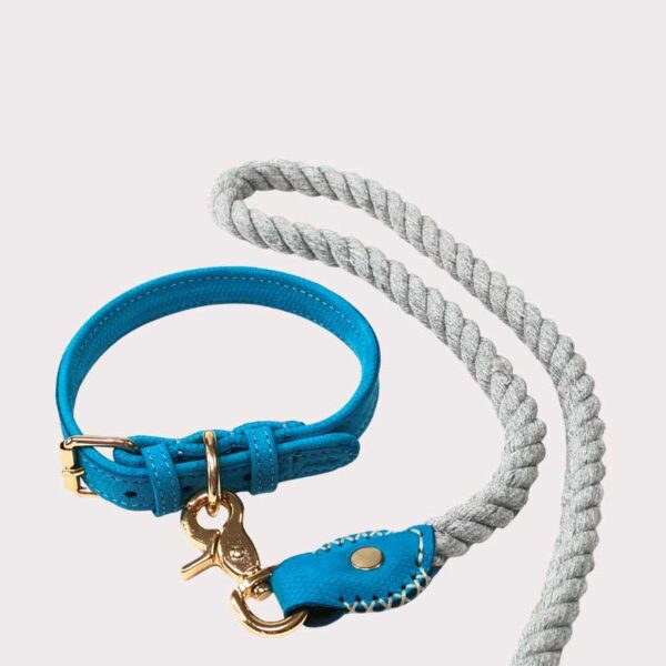 Leather dog collar and cotton rope lead - blue grey