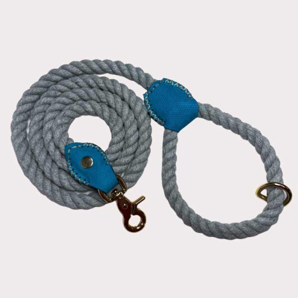 Blue & Grey cotton rope dog lead with luxury leather accents