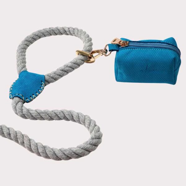 Blue & Grey cotton rope dog lead with luxury leather accents
