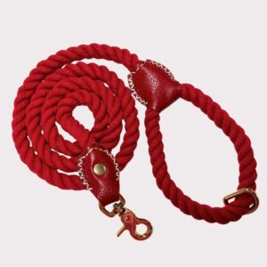 Red cotton rope dog lead with luxury leather accents