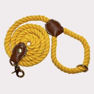 Yellow cotton rope dog lead with luxury leather accents