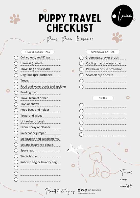 dog travel checklist, essentials and optionals