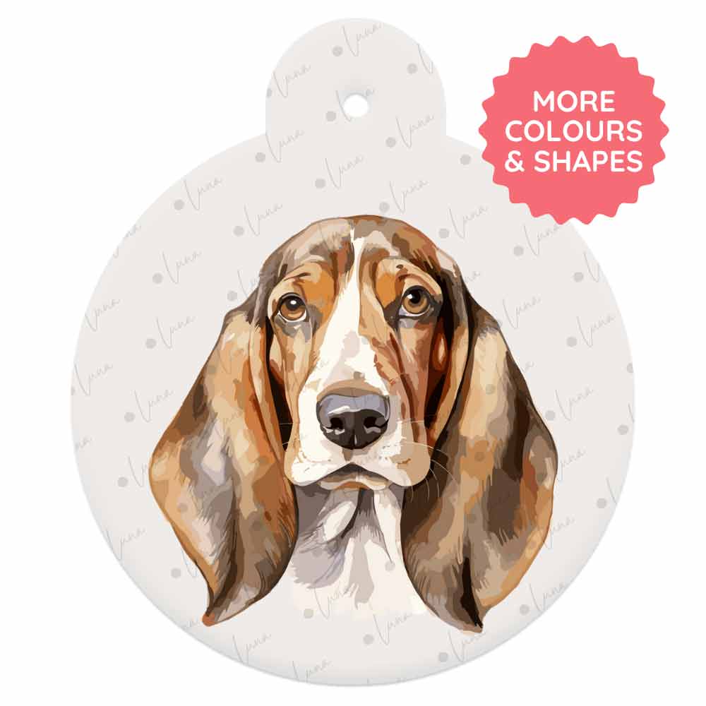 Personalised Dog ID Tag - Basset Hound - Watercolour Style