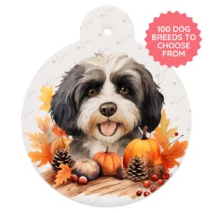 autumn dog id tag in a watercolour pumpkin scene