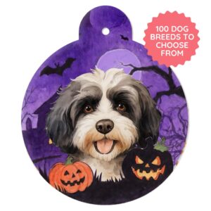 halloween dog id tag in a watercolour scene