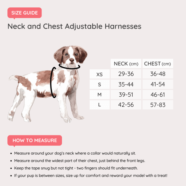 Dog Harness Size guide for neck and chest adjustable harnesses
